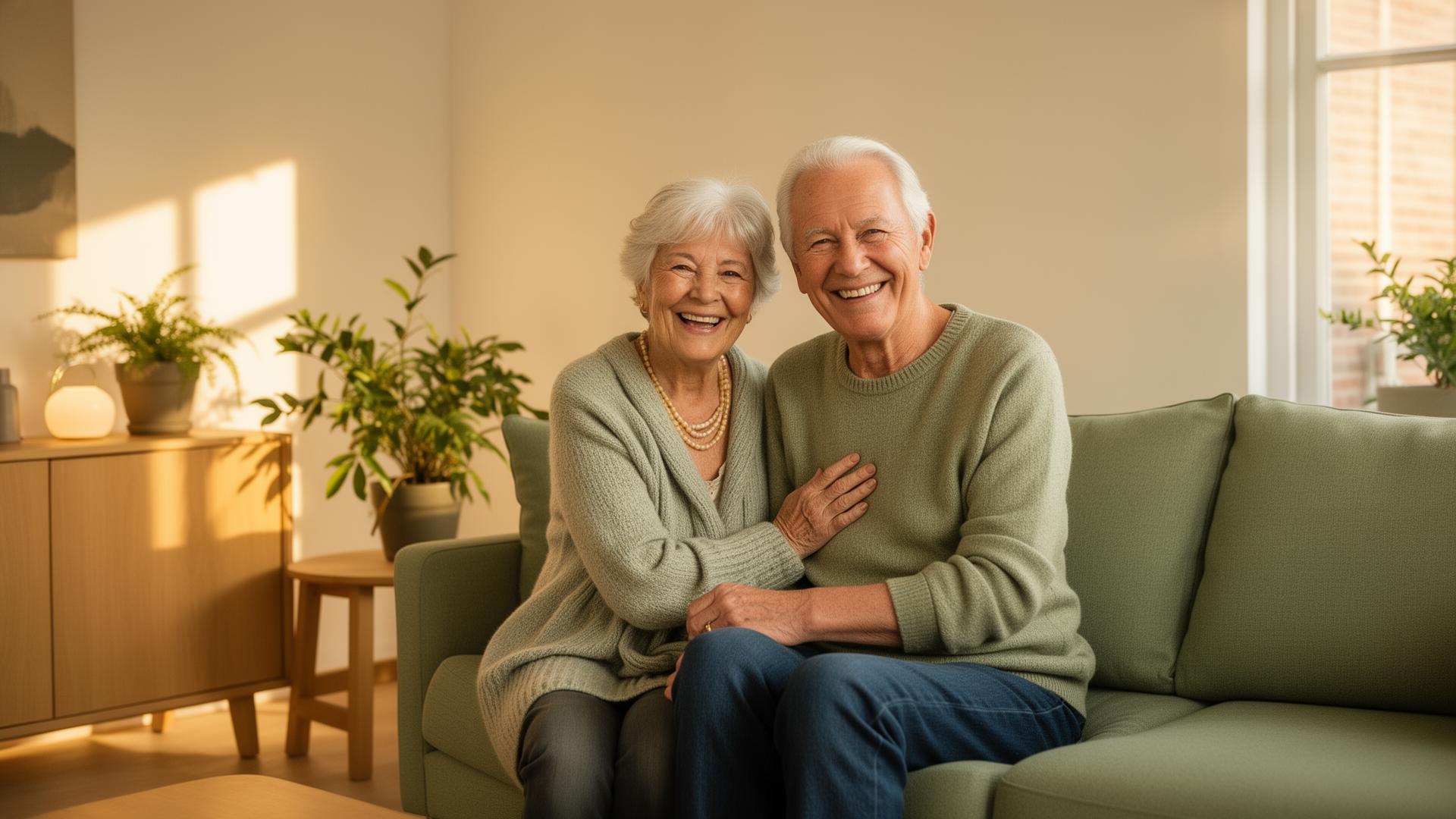 Een ouder echtpaar zit ontspannen samen op de bank in een warme, lichte woonkamer